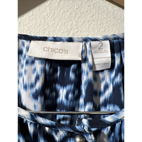 CHICO'S chicos Size 2 Large IKAT SCOOP NECK FRONT PEASANT boho bohemian blue - Picture 3 of 13